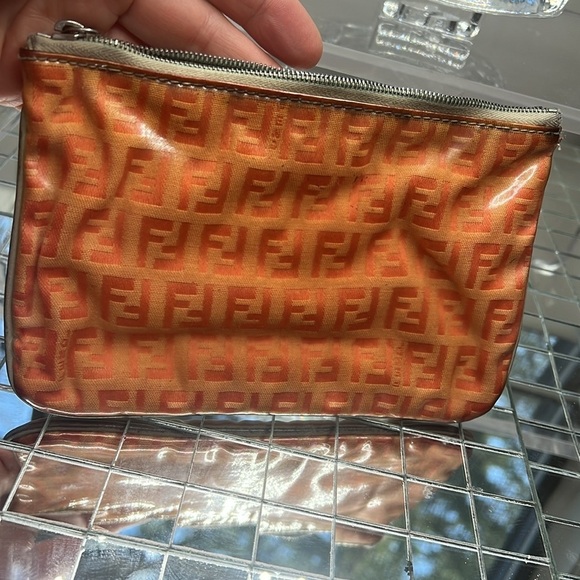 Fendi Zucco Zucchino Orange Peach Clear Coated Canvas Zip Pouch Clutch Bag - Picture 10 of 12